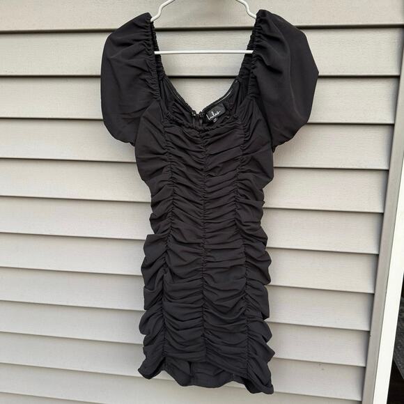Lulus size M Confidence Is Key Black Ruched Bodycon Dress Puff Sleeves - Picture 2 of 10